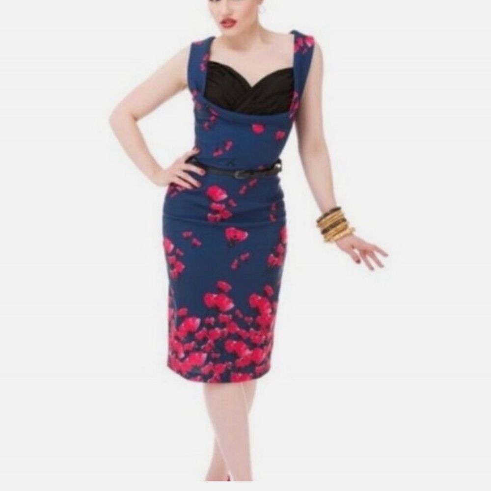 Lindy Bop Vanessa Midnight Poppy Pinup Wiggle Dress, Size Small, NWT
